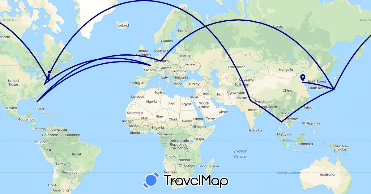 TravelMap itinerary: driving in Canada, China, France, India, Japan, Thailand, United States (Asia, Europe, North America)